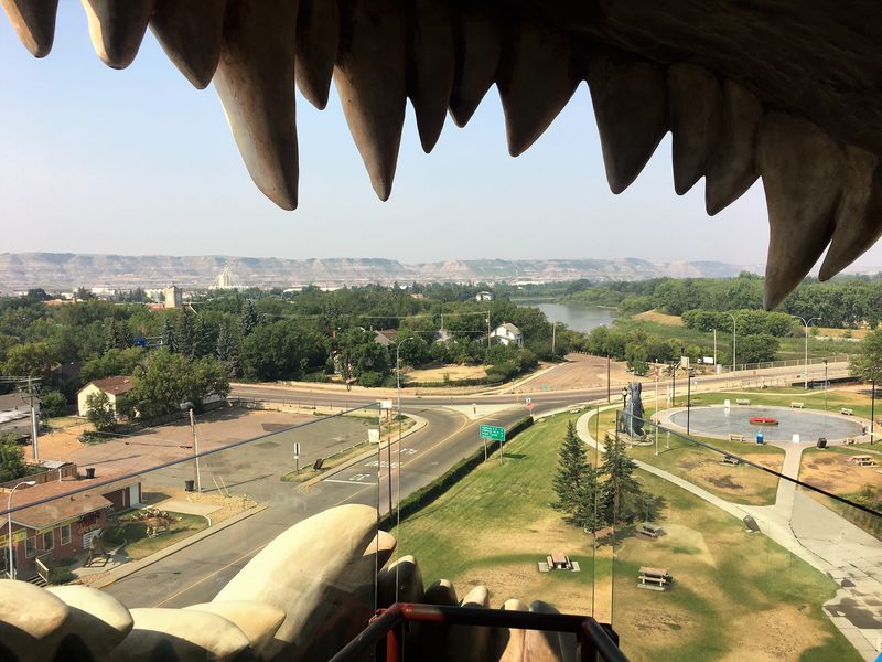 Climb on the World's Largest Dinosaur in Drumheller - view through the teeth of a T-Rex
