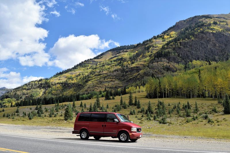 Safari van on road trip in North America