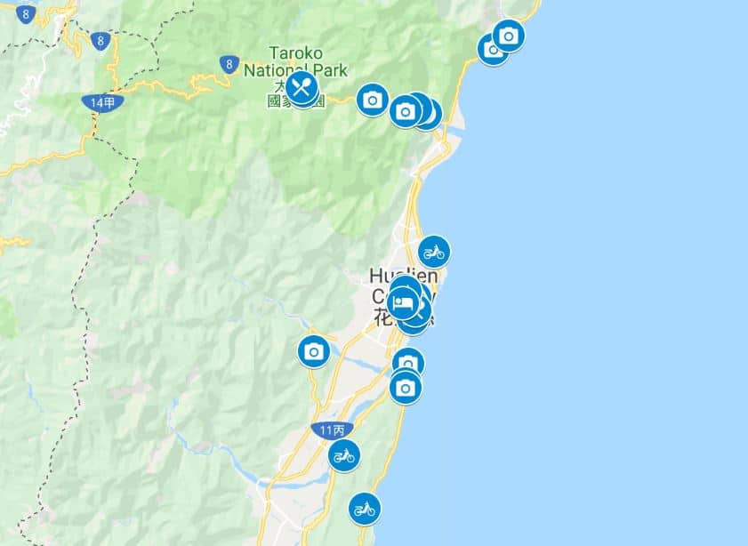 Hualien and Taroko Gorge things to do map