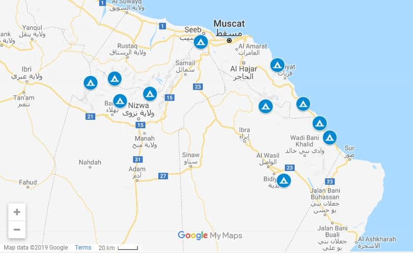 Camping in Oman map with 11 campsites