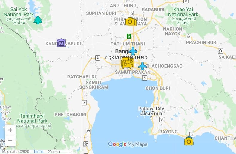 Thailand 10 day itinerary map - Bangkok and around