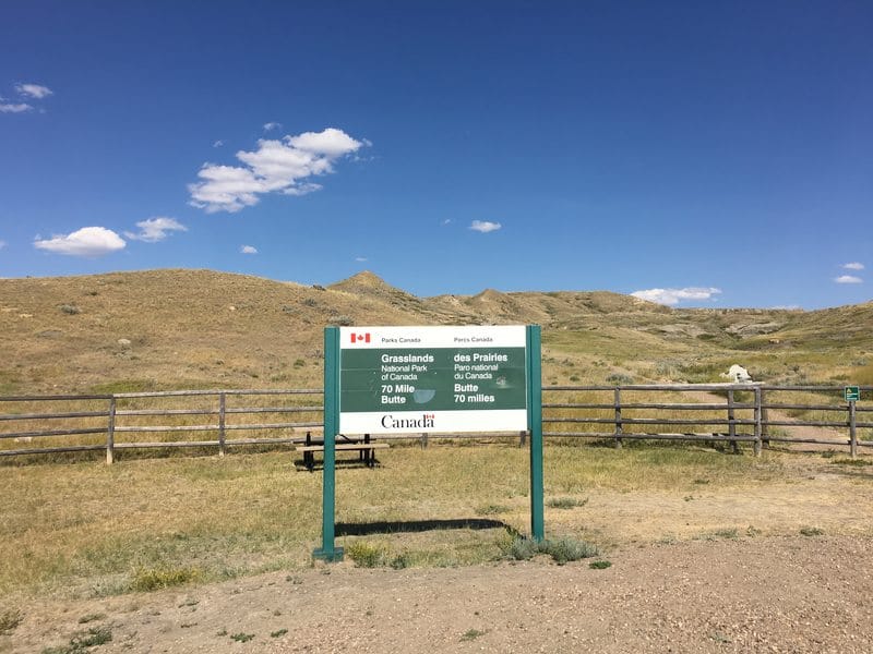 Grasslands National Park sign at 70 Mile Butt hike