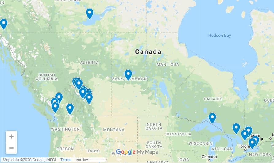 Map of most beautiful lakes in Canada